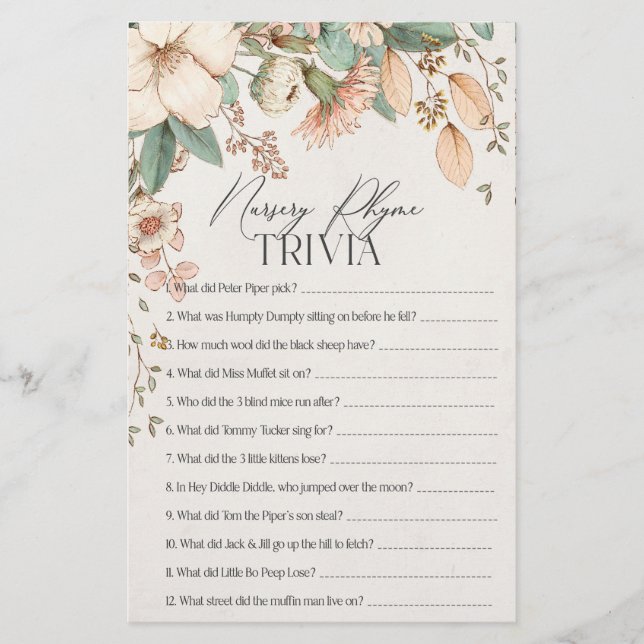 blush floral pink baby shower nursery rhyme trivia (Front)