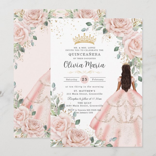 Blush Floral Pink Dress Princess Gown Quinceañera Invitation (Front/Back)