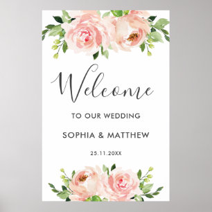Blush Floral Pink Flowers Wedding Welcome Sign