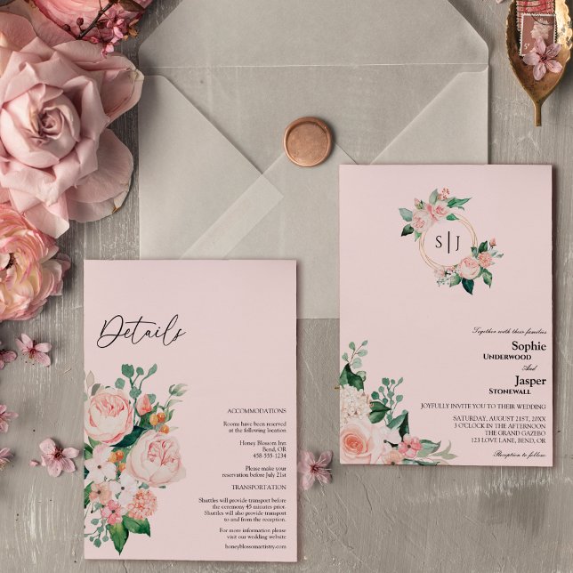 Blush Floral Pink Monogram All In One Wedding Invitation (Creator Uploaded)