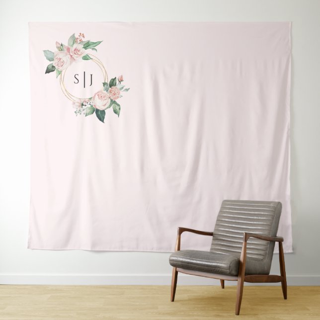Blush Floral Pink Monogram Wedding Photo Backdrop Tapestry (In Situ (Horizontal))