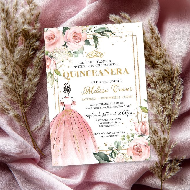 Blush floral pink princess dress gold tiara 15th invitation (Blush floral pink princess dress gold tiara 15th invitation)