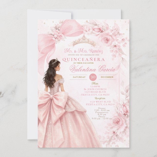 Blush Floral Pink Quinceañera Invitation (Front)