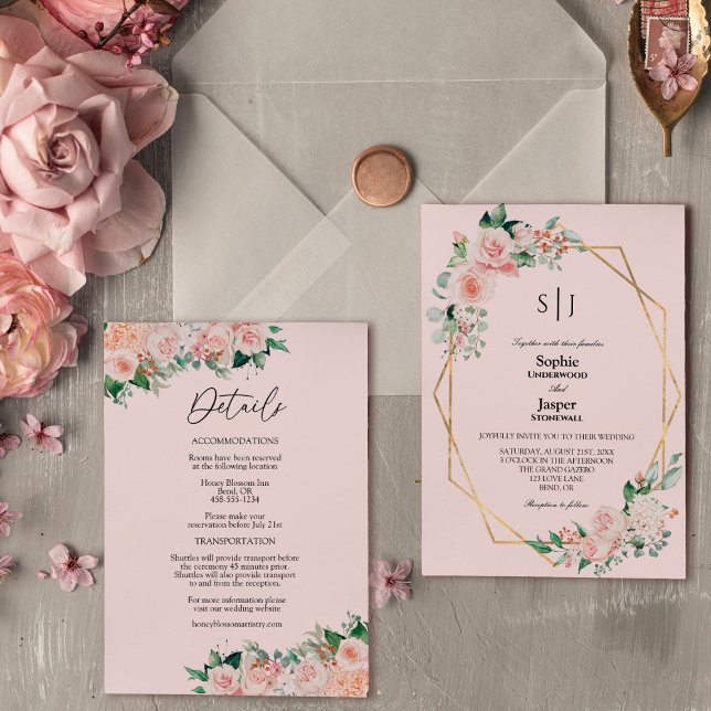 Blush Floral Pink Simple Monogram Details Wedding Invitation (Creator Uploaded)