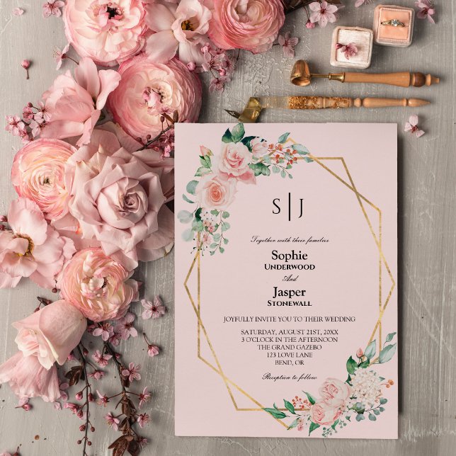 Blush Floral Pink Simple Monogram Wedding Invitation (Creator Uploaded)