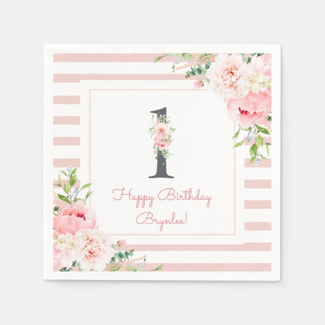 Blush Floral Pink Stripe 1st Birthday Party Napkin (Front)