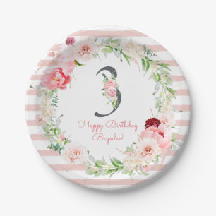 Blush Floral Pink Stripe 3rd Birthday Party Paper Plate