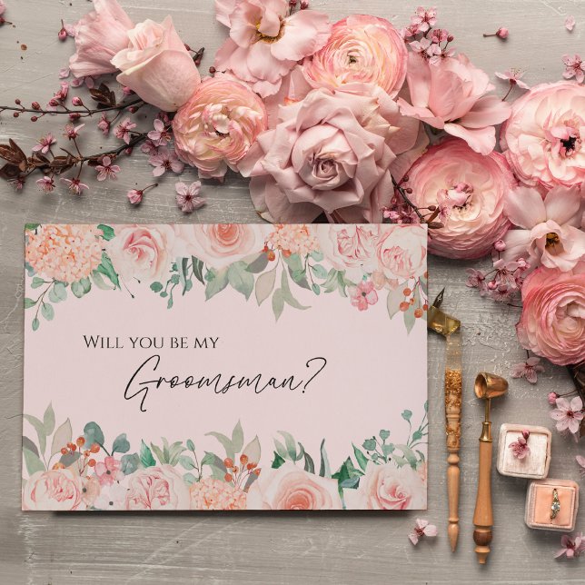 Blush Floral Pink Wedding Groomsman Proposal Card (Creator Uploaded)