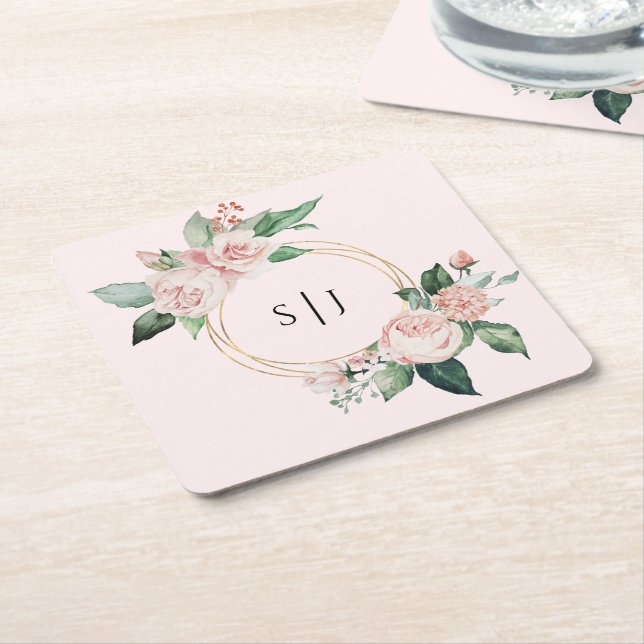 Blush Floral Pink Wedding Monogram Square Paper Coaster (Angled)
