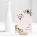 Blush Floral Pink Wedding Table Number Card<br><div class="desc">This blush floral pink wedding table number card design features beautiful chic classic backgrounds of pastel pink and navy blue with simple modern typography and elegant calligraphy to set a sophisticated tone for any style of event. Each product is embellished with gorgeous blush pink roses and peach and ivory hydrangeas...</div>