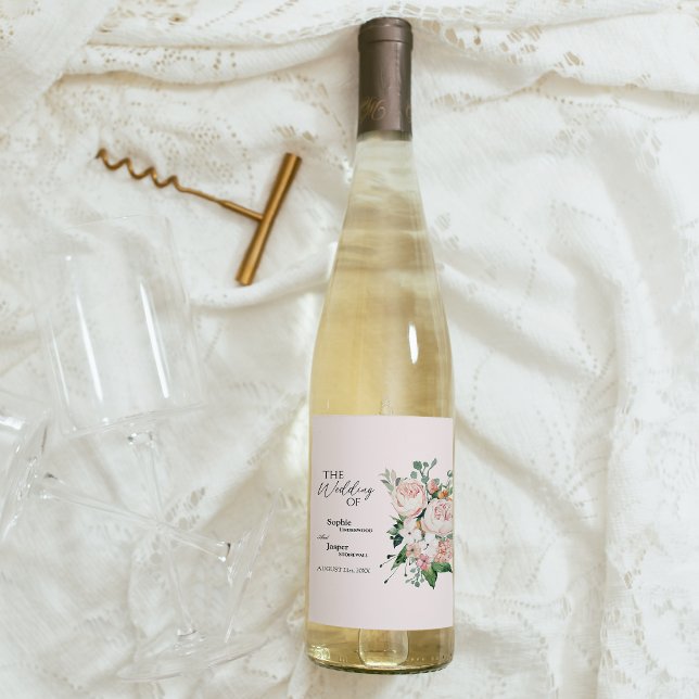Blush Floral Pink Wedding Wine Label (Creator Uploaded)