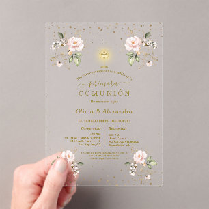 Blush Floral Primera Comunión Twins Holy Communion Acrylic Invitations