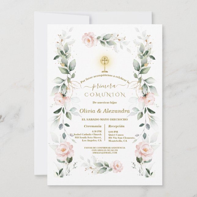 Blush Floral Primera Comunión Twins Holy Communion Invitation (Front)