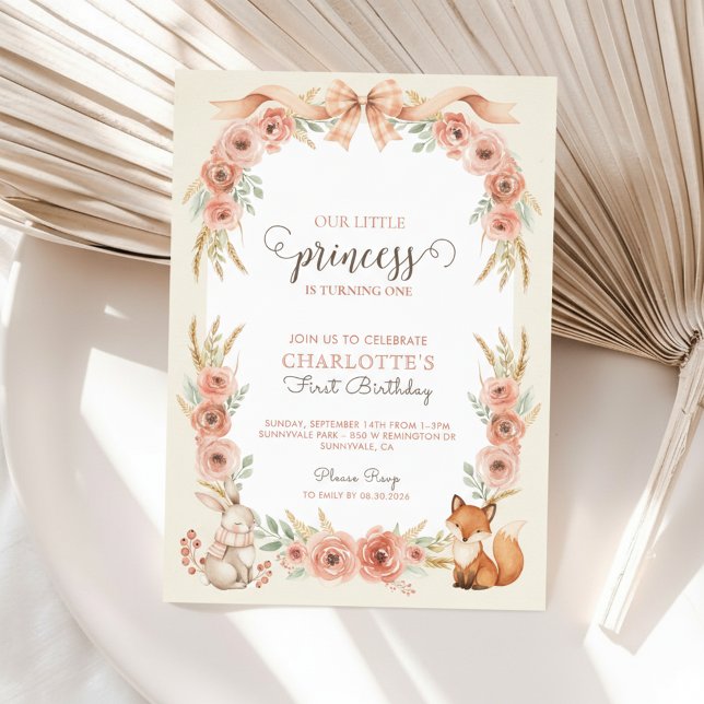 Blush Floral Princess 1st Birthday Invite (1st Birthday Invitation)