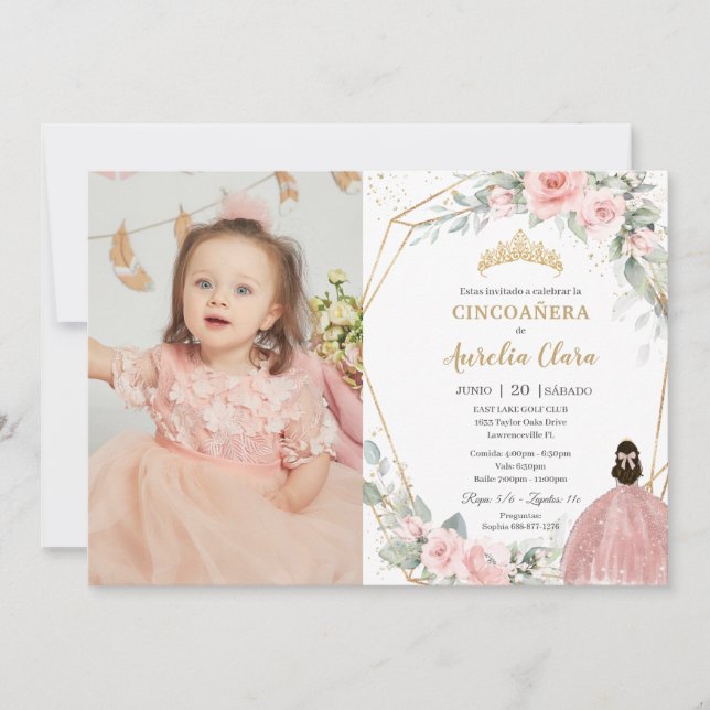 Blush Floral Princess Cincoañera 5 Birthday Photo Invitation (Front)