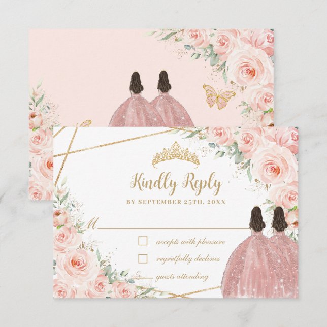 Blush Floral Princess Quinceañera Twins Birthday RSVP Card (Front/Back)