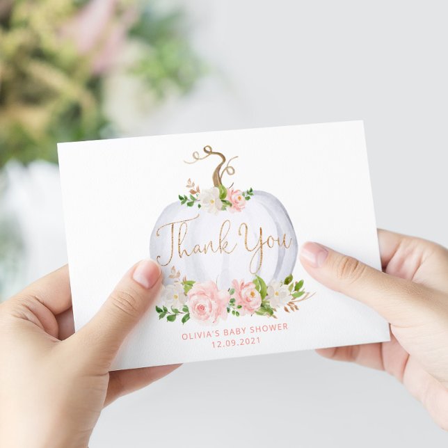 Blush floral pumpkin baby shower thank you card (Creator Uploaded)
