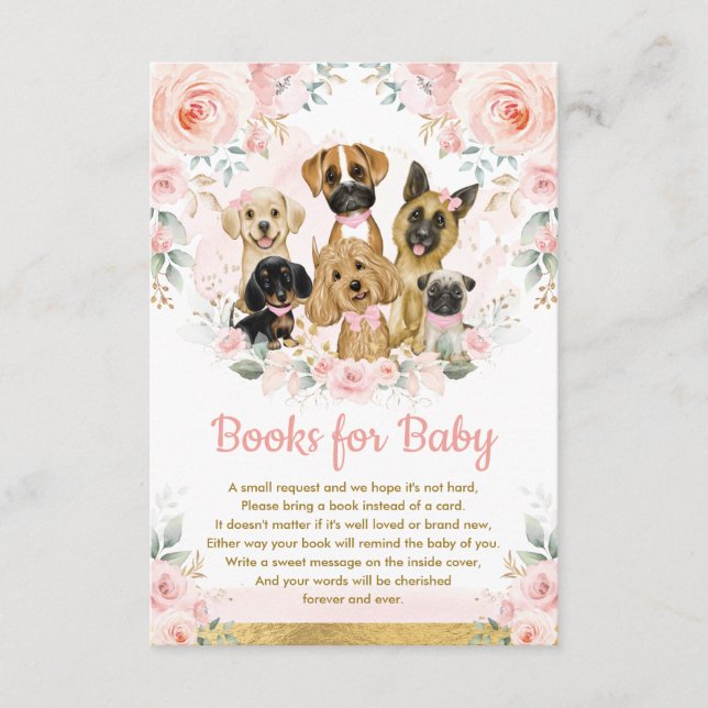 Blush Floral Puppy Dog Books for Baby Girl Shower Enclosure Card (Front)