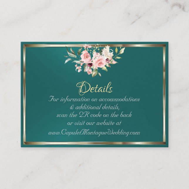 Blush Floral, QR Code - Teal Enclosure Card (Front)