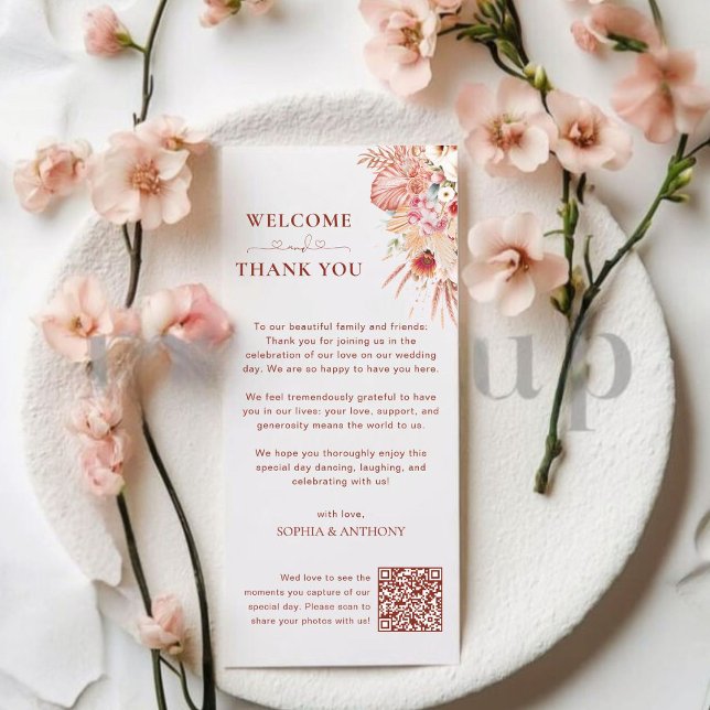 Blush Floral QR Code Wedding Thank You Card (Creator Uploaded)