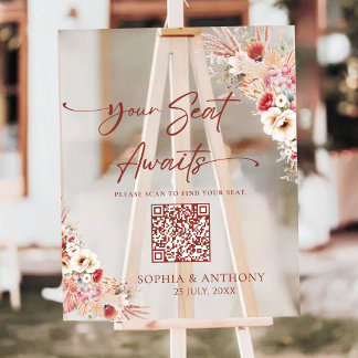 Blush Floral QR Code Your Seat Awaits Acrylic Sign