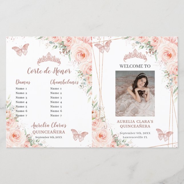 Blush Floral Quinceanera Order of Events Program  (Front)