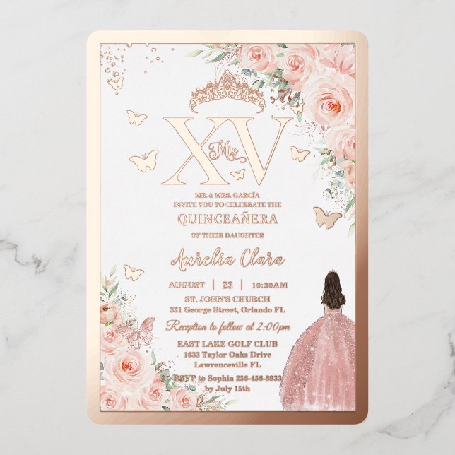 Blush Floral Quinceañera Quince 15 XV Rose Gold (Front)