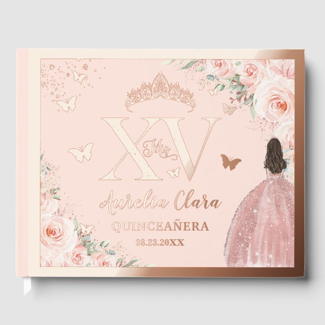 Blush Floral Quinceañera Quince 15 XV Rose Gold Guest Book (Front)
