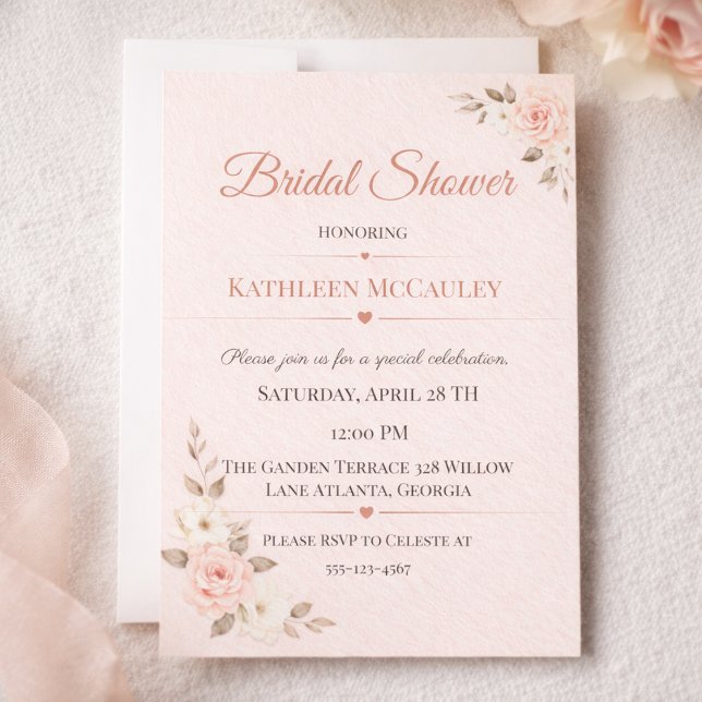 Blush Floral Romance Invitation (Blush rose bridal shower card with soft botanical florals for romantic garden celebrations)