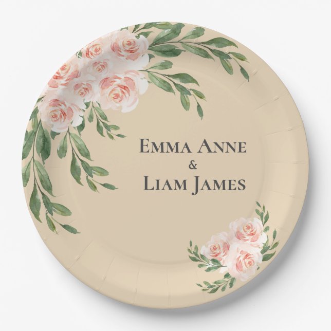 Blush Floral Romantic Elegant Script Greenery Paper Plate (Front)