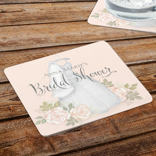 Blush Floral Rose Bridal Shower Watercolor Square Paper Coaster