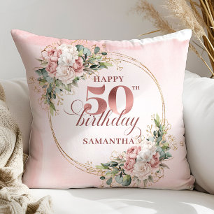 Blush Floral Rose Gold 50th Birthday Pillow Gift