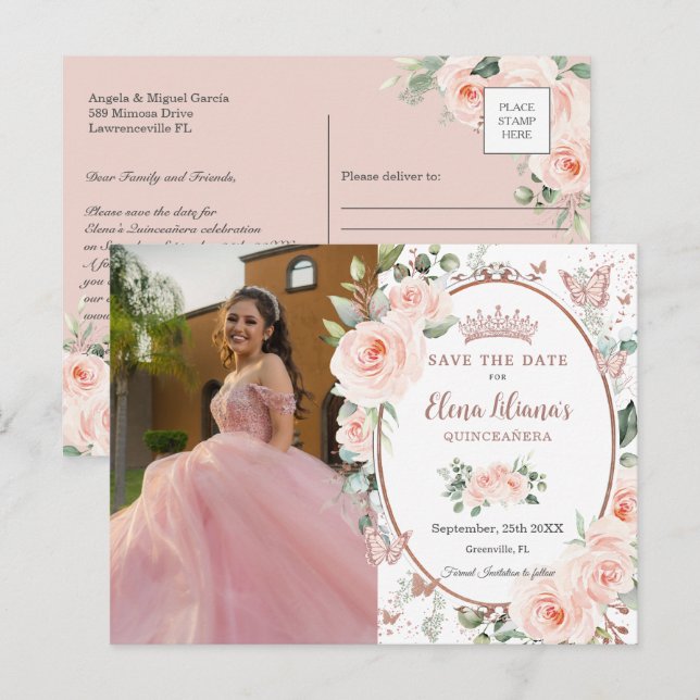 Blush Floral Rose Gold Butterflies Quinceañera Announcement Postcard (Front/Back)