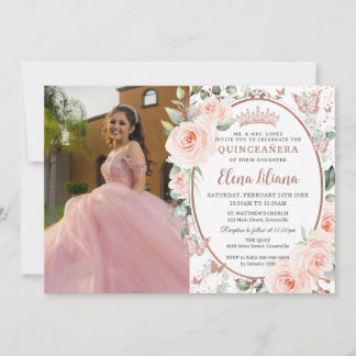 Blush Floral Rose Gold Butterflies Quinceañera Invitation