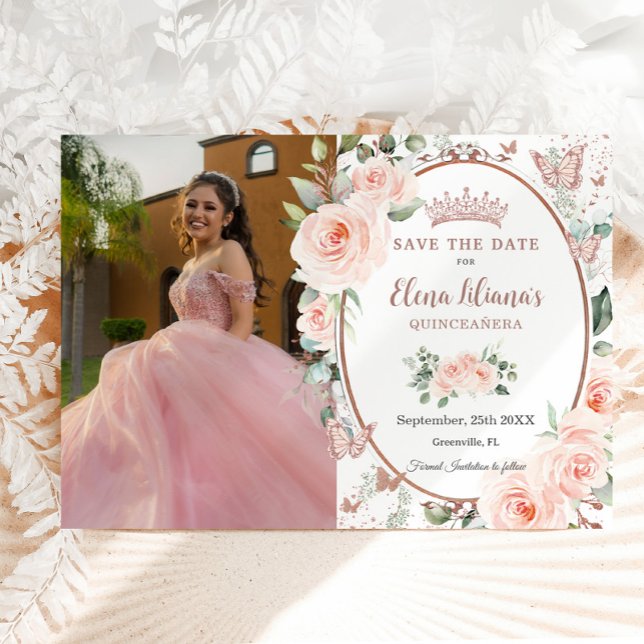 Blush Floral Rose Gold Butterflies Quinceañera Save The Date (Creator Uploaded)