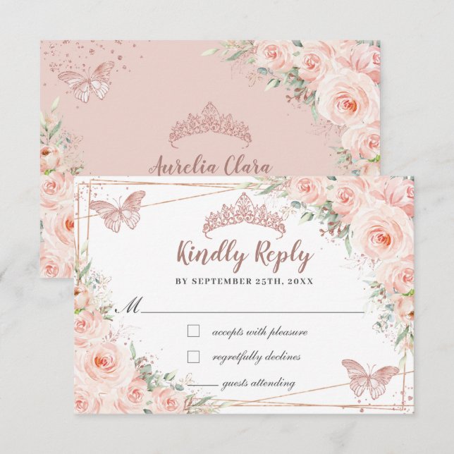 Blush Floral Rose Gold Butterfly Quinceañera Reply RSVP Card (Front/Back)