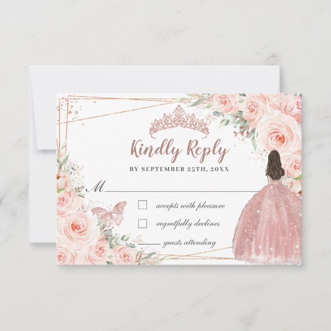 Blush Floral Rose Gold Dress 16 Quinceañera Reply RSVP Card (Front)