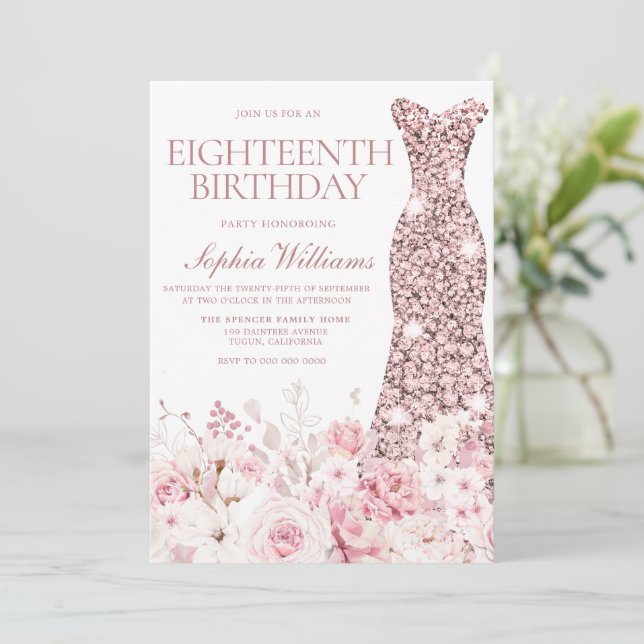 Blush Floral & Rose Gold Dress 18th Birthday Party Invitation (Standing Front)