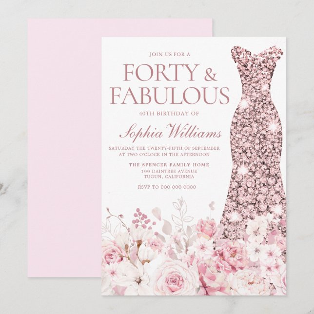 Blush Floral & Rose Gold Dress 40th Birthday Party Invitation (Front/Back)