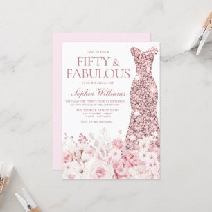 Blush Floral & Rose Gold Dress 50th Birthday Party Invitation