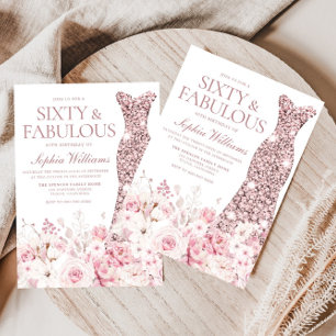 Blush Floral & Rose Gold Dress 60th Birthday Party Invitation
