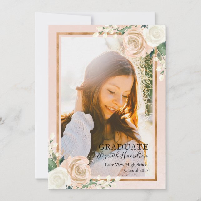 Blush Floral & Rose Gold Graduation Announcement (Front)