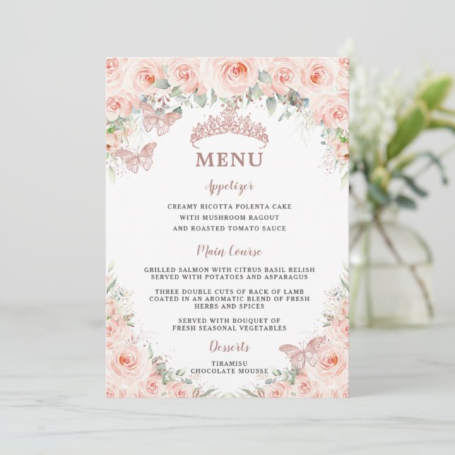 Blush Floral Rose Gold Quinceanera 15 16 Menu Card (Standing Front)