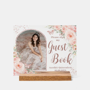 Blush Floral Rose Gold Quinceanera 16 Guest Book  Acrylic Sign