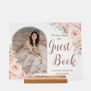 Blush Floral Rose Gold Quinceanera 16 Guest Book  Acrylic Sign