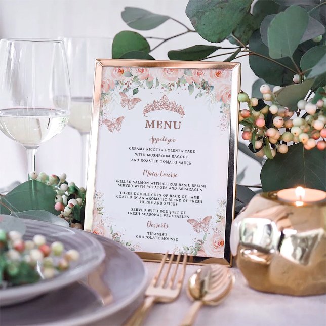 Blush Floral Rose Gold Quinceanera Birthday Menu Poster (Creator Uploaded)