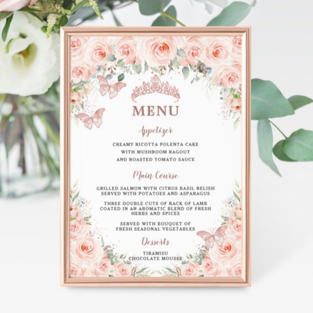 Blush Floral Rose Gold Quinceanera Birthday Menu Poster (Creator Uploaded)