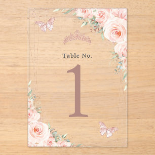 Blush Floral Rose Gold Quinceanera XV Table Number