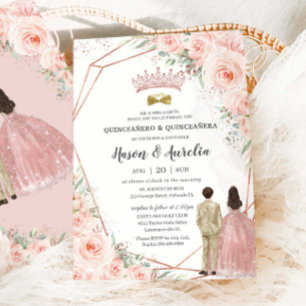 Blush Floral Rose Gold Twins Boy Girl Quinceañera Invitation