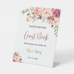 Blush Floral Rose Wishes Guestbook Signature Pedestal Sign